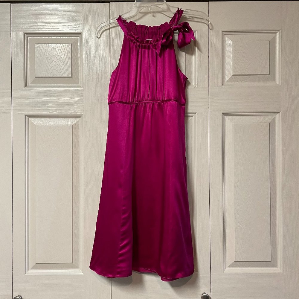 Ann Taylor Hot Pink Fuchsia Silk Tie Neck Sleeveless Dress Formal Bridesmaid 0